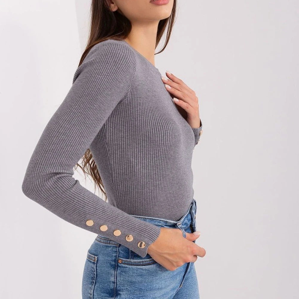 Ribbed Knit Sweater with Sleeve Buttons