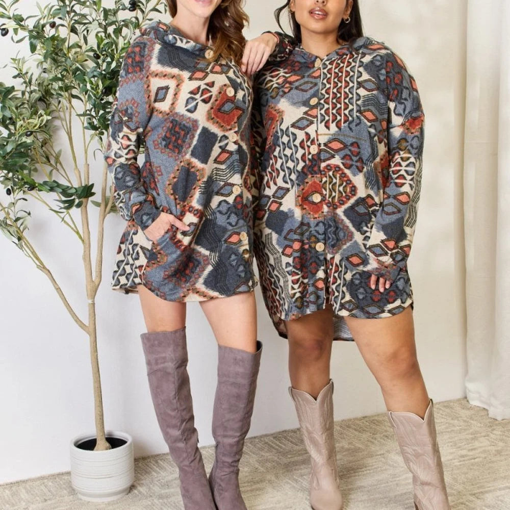 Printed Button Up Hooded Jacket