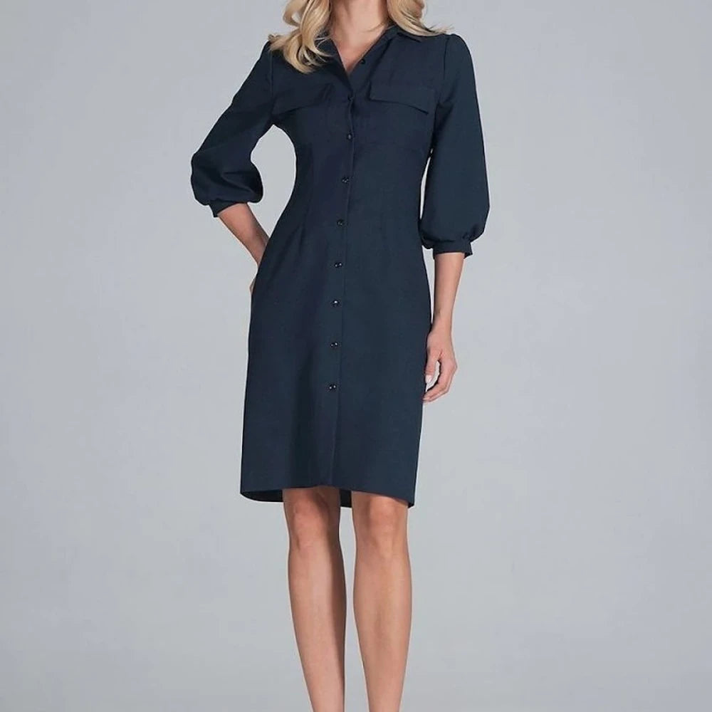 Midi Shirt Dress with Collar and 3/4 Sleeves