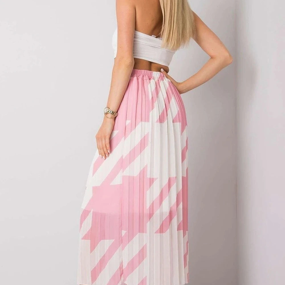 Patterned Pleated Midi Skirt with Elastic Waist