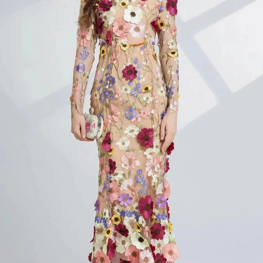 Floral Embroidered Mesh Midi Dress