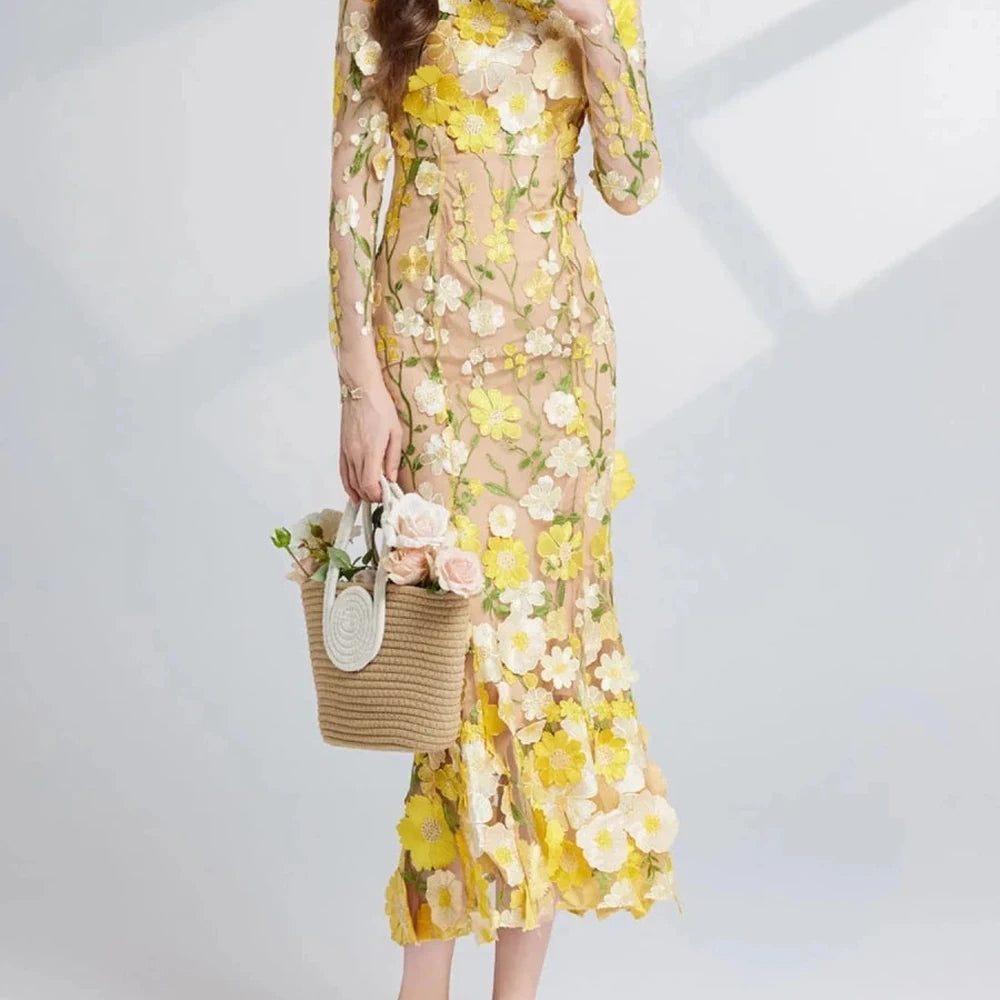Floral Embroidered Mesh Midi Dress