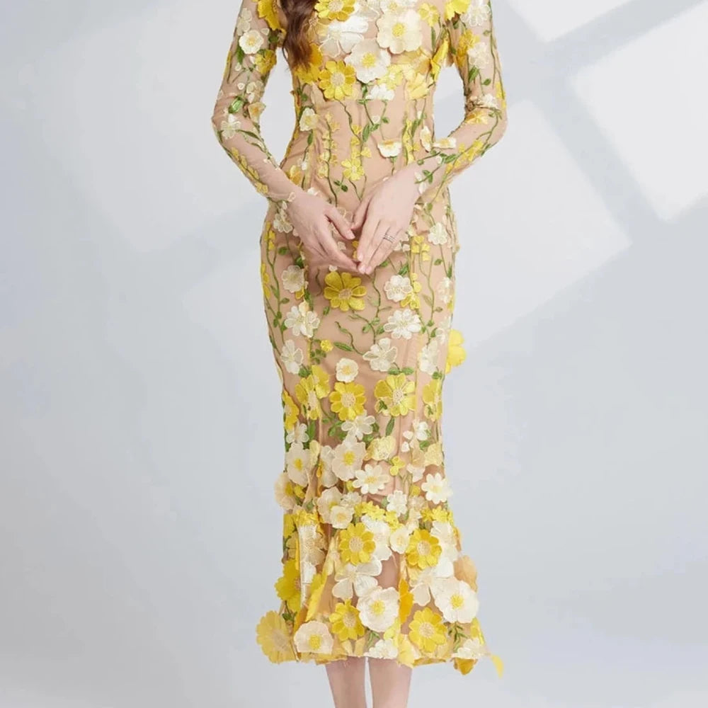 Floral Embroidered Mesh Midi Dress