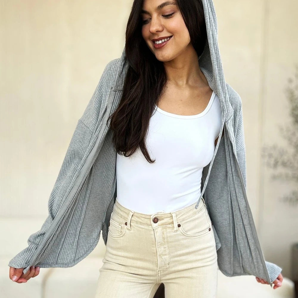 Ribbed Zip-Up Drawstring Hooded Jacket