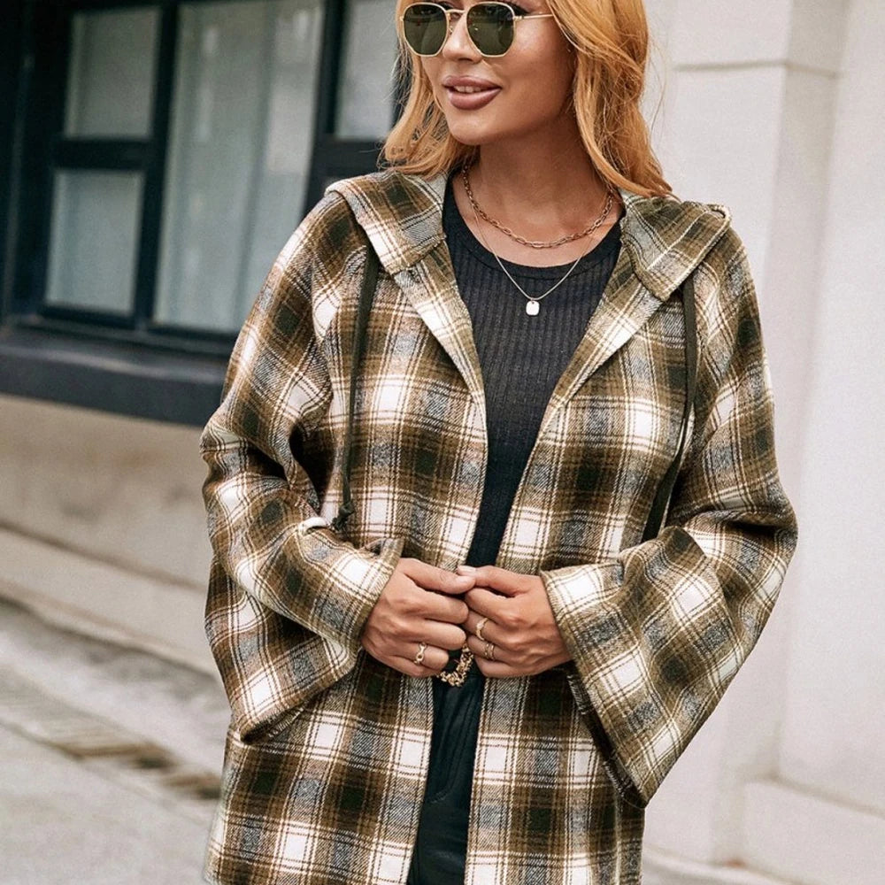 Women's Plaid Hooded Jacket with Pockets
