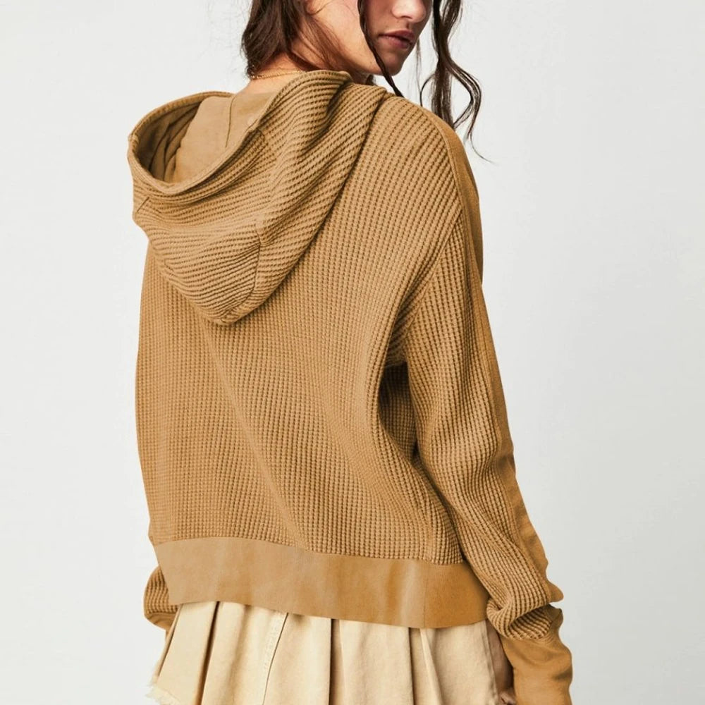 Waffle Knit Hooded Jacket with Dropped Shoulders