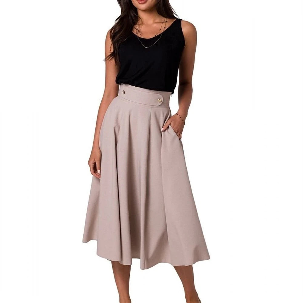 High Waist Flared Midi Skirt with Buttons