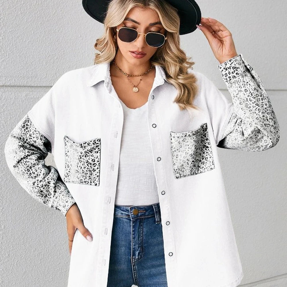Leopard Print Button Up Denim Jacket