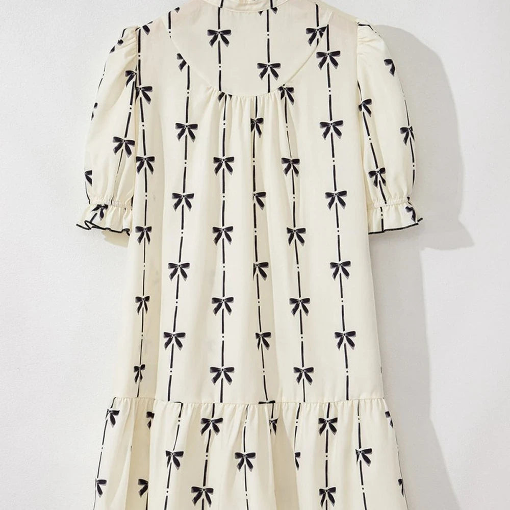 Frill Bow Print Mini Dress Short Sleeve