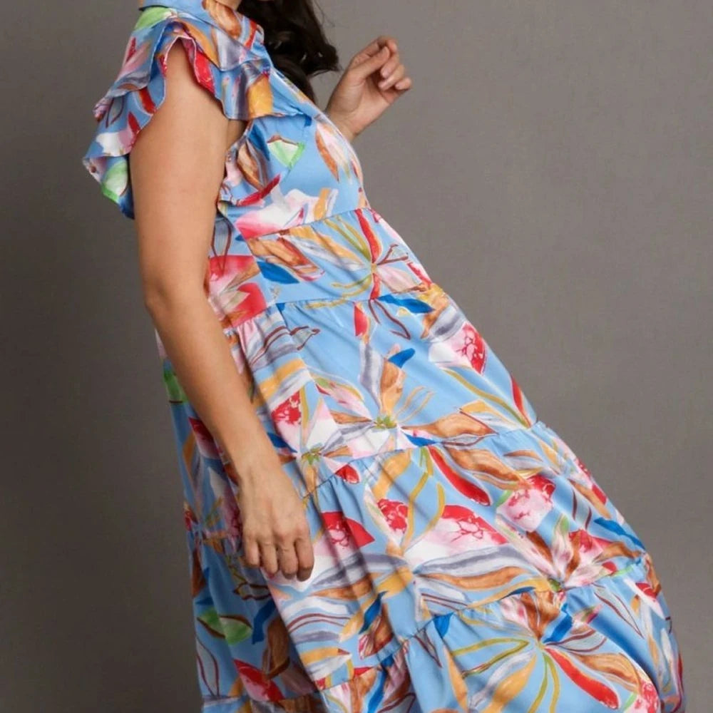 Leaf Print Tiered Midi Dress with Ruffle Sleeves