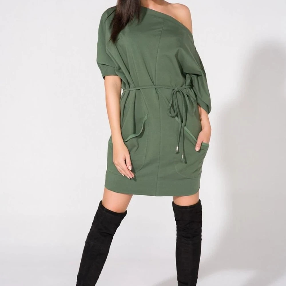 Loose Knit Boatneck Day Dress with Pockets
