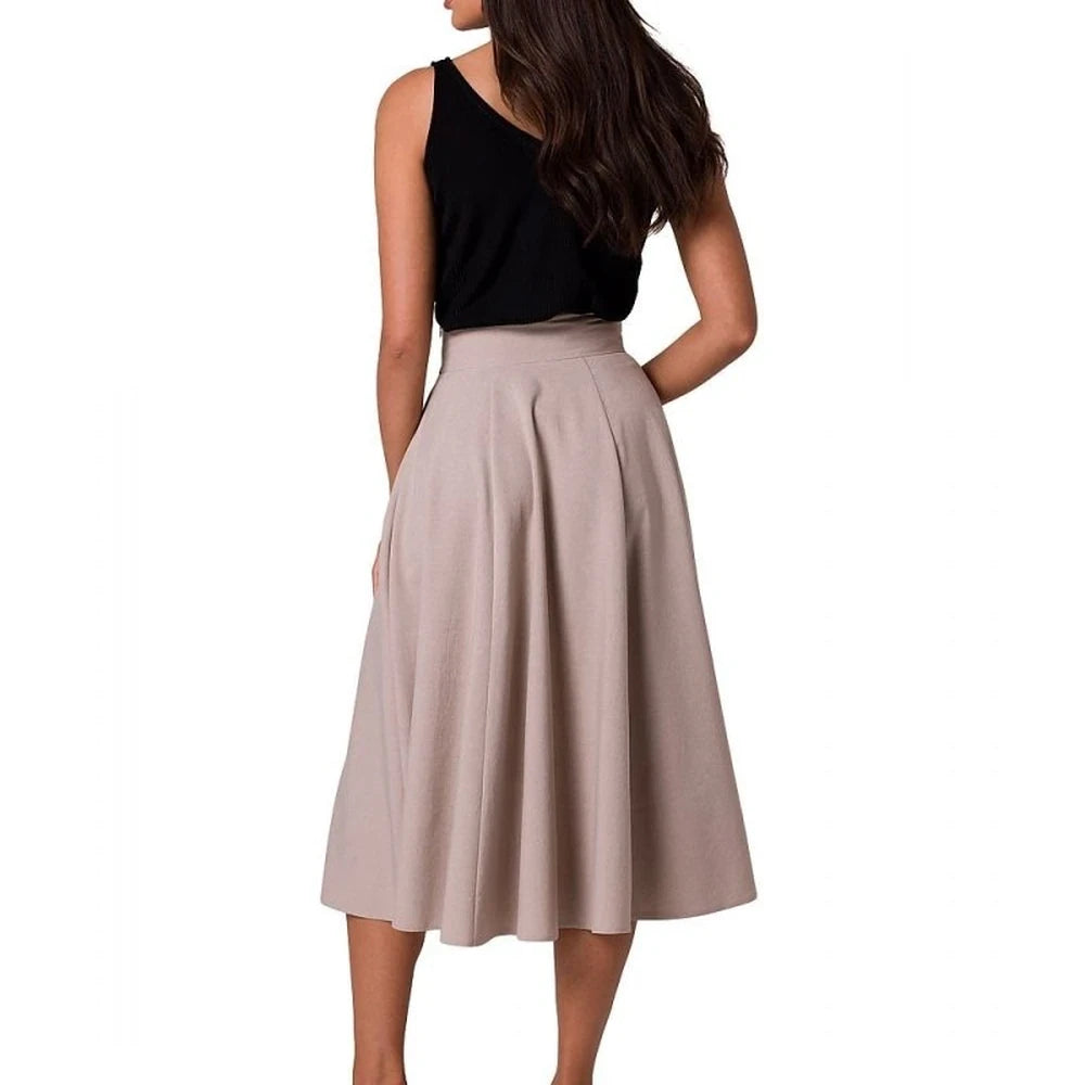 High Waist Flared Midi Skirt with Buttons