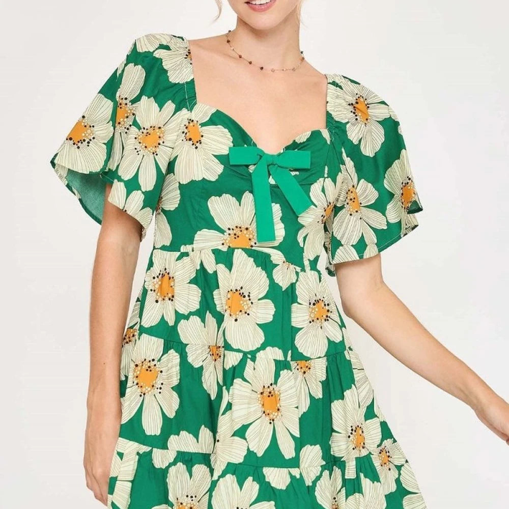 Daisy Print Mini Dress with Ribbon Details