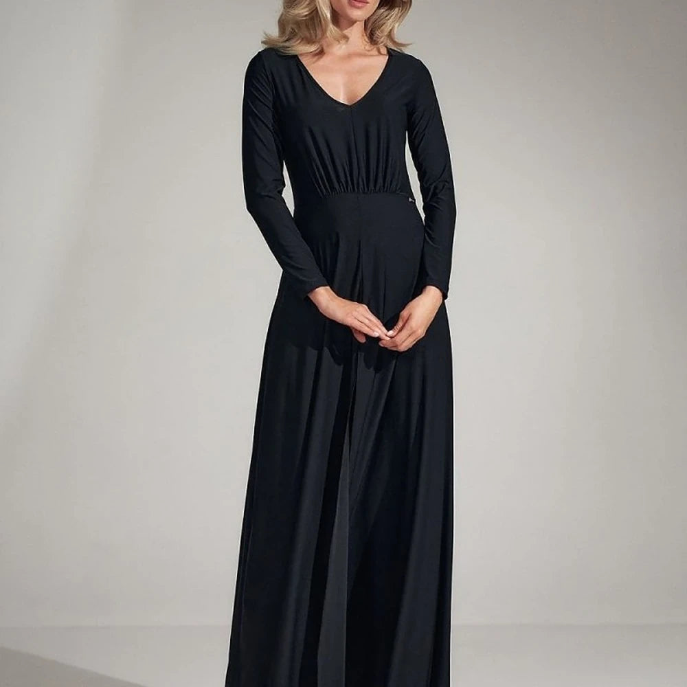 Flared V-Neck Dress with Slit