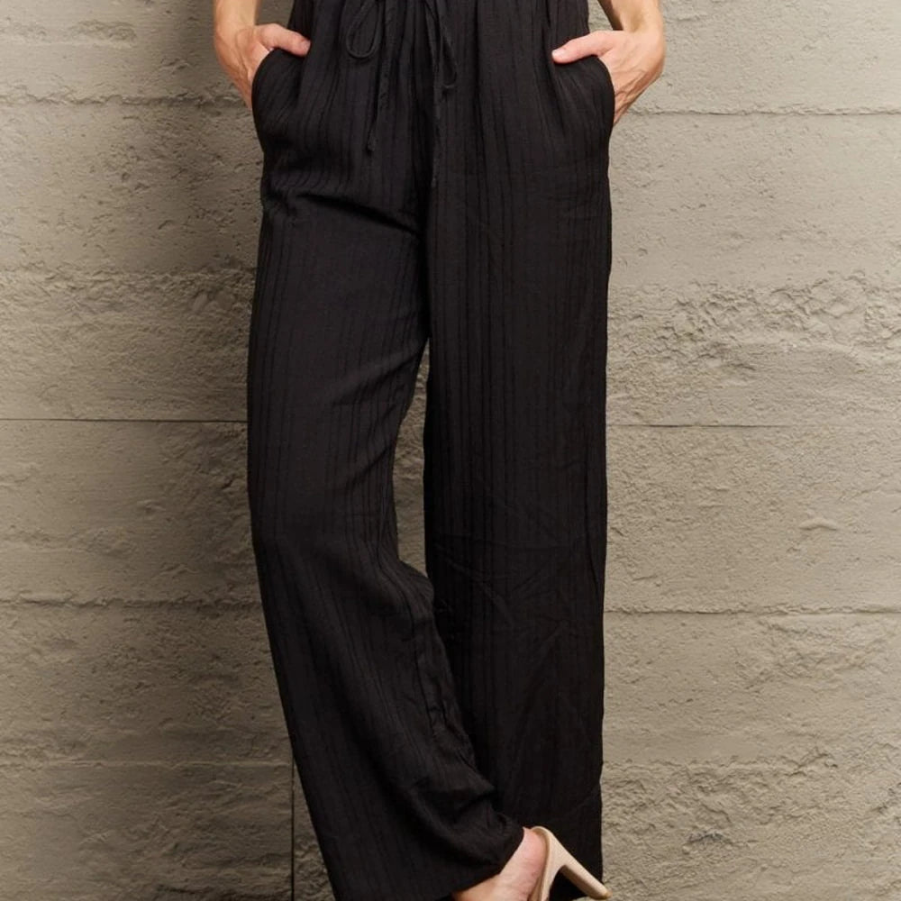 Solid Tie Waist Long Pants