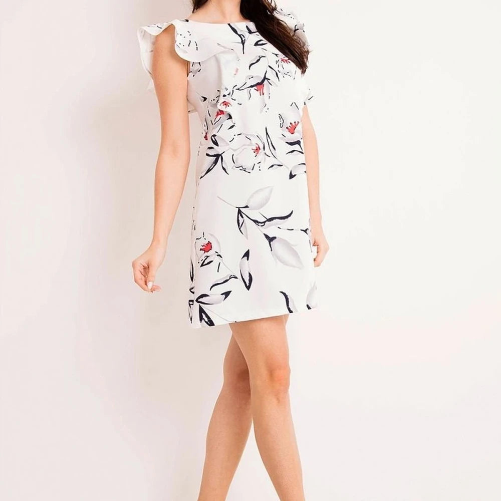 Floral Frill Sleeve Dress - Ecru