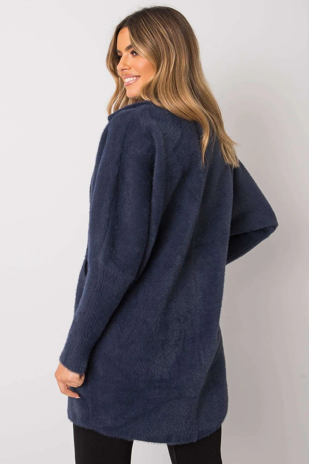 Navy blue fuzzy cardigan with long sleeves, shown from the back.