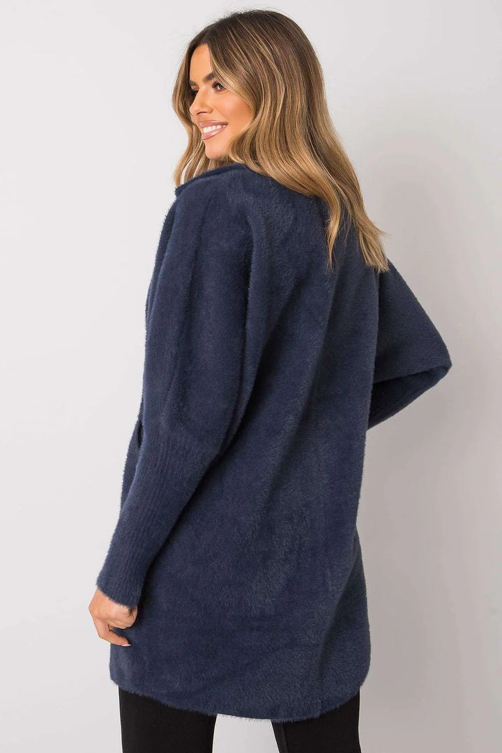 Navy blue fuzzy cardigan with long sleeves, shown from the back.
