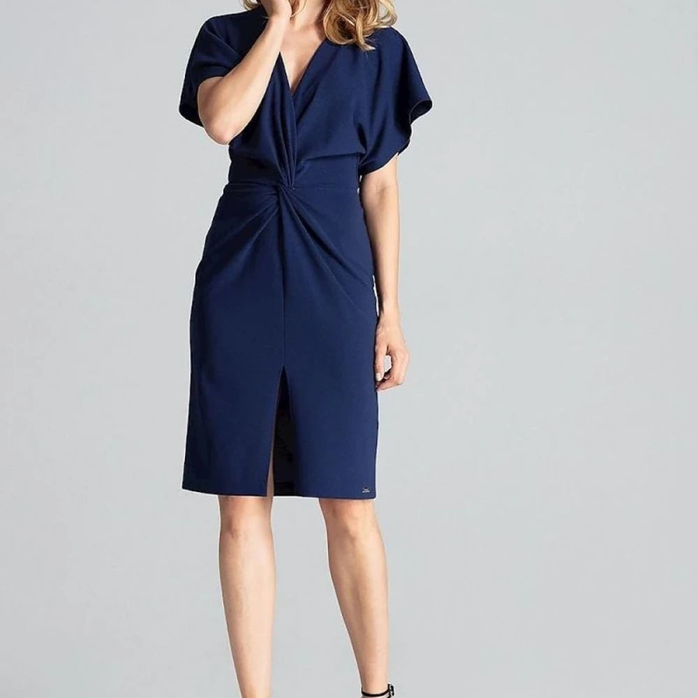 Navy Blue Midi Dress with Kimono Sleeves