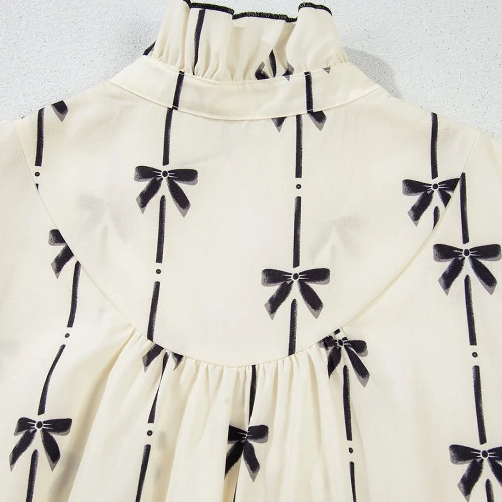 Frill Bow Print Mini Dress Short Sleeve