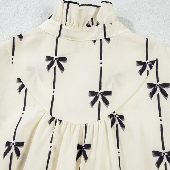 Frill Bow Print Mini Dress Short Sleeve