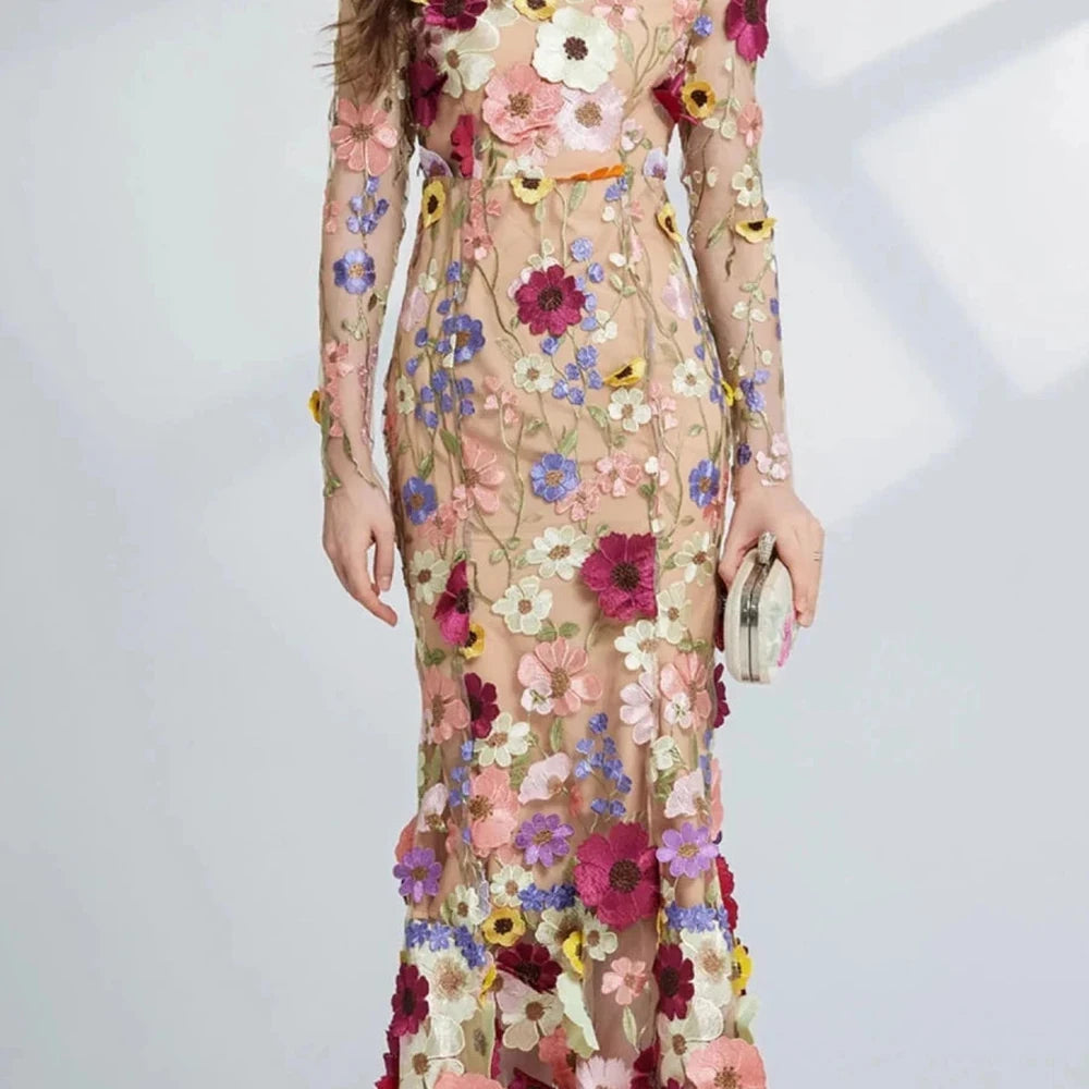 Floral Embroidered Mesh Midi Dress