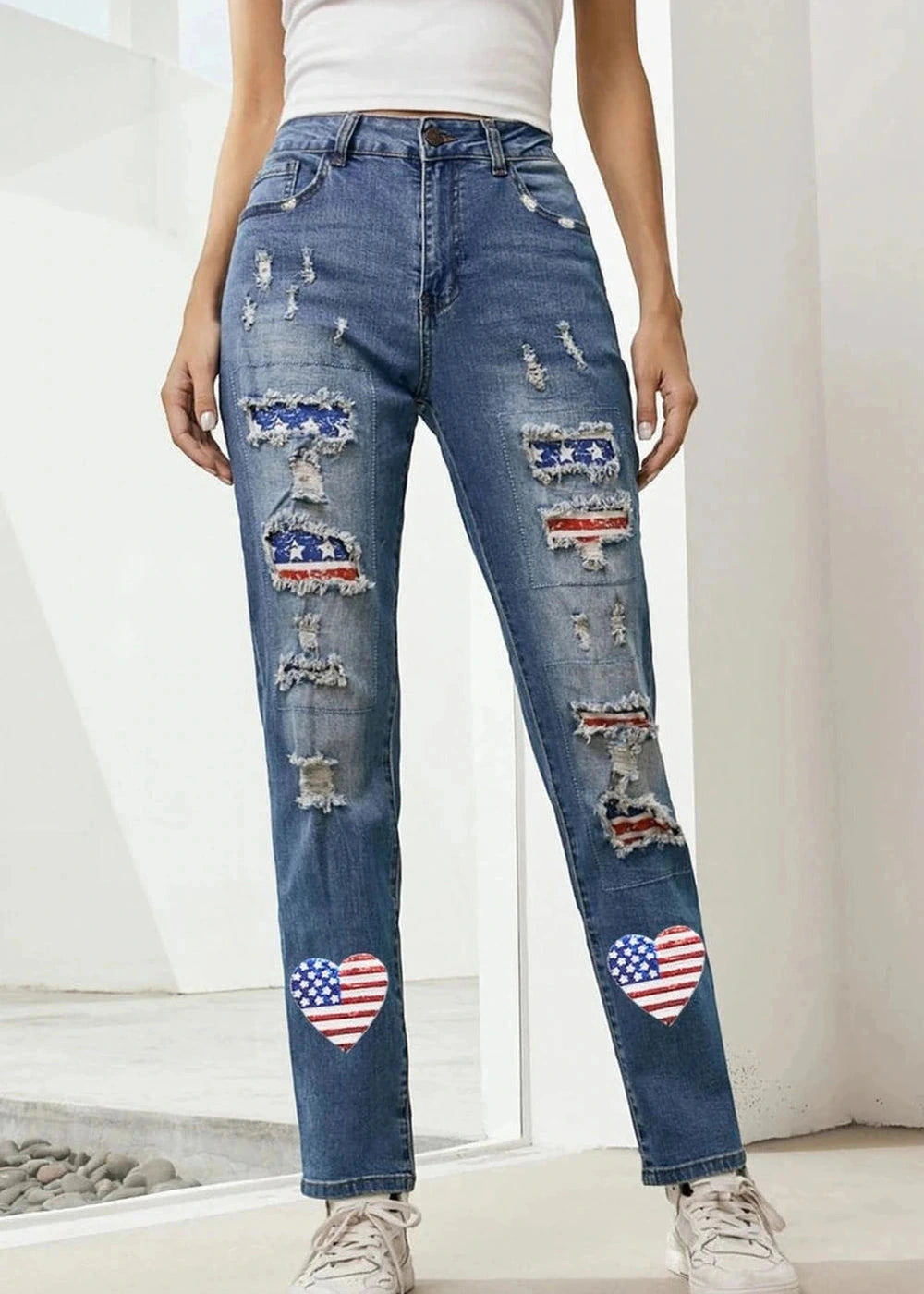 Distressed us flag cotton jeans