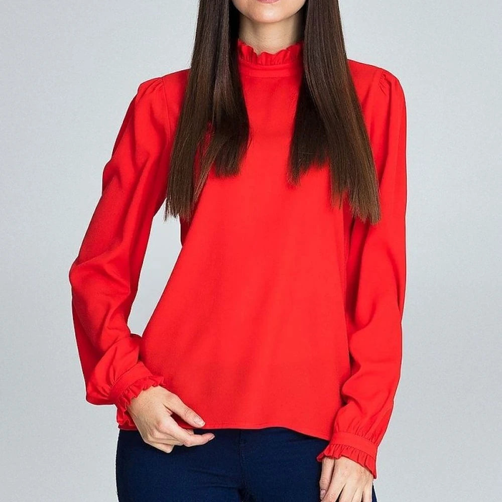Pleated Sleeve Frill Blouse - Long Sleeve Top