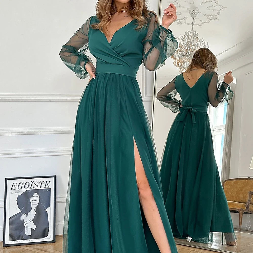Elegant Long Dress with Slit and Belt