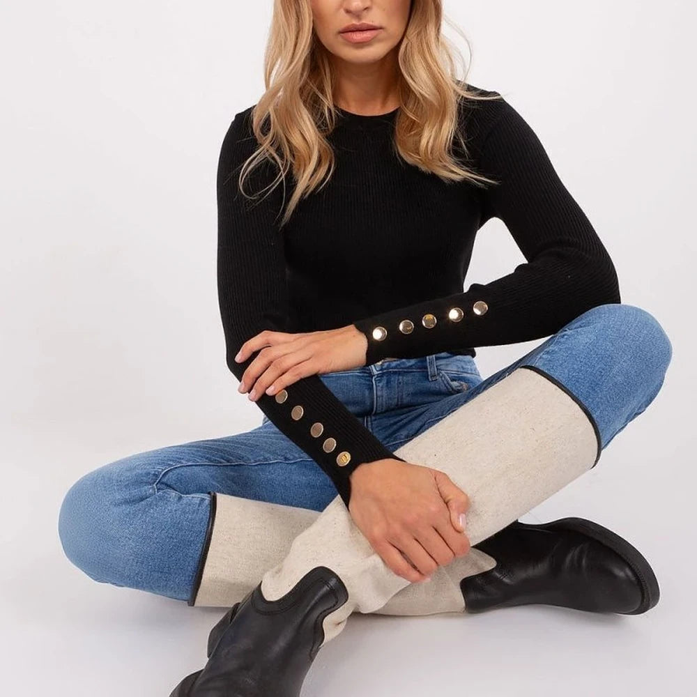 Ribbed Knit Sweater with Sleeve Buttons