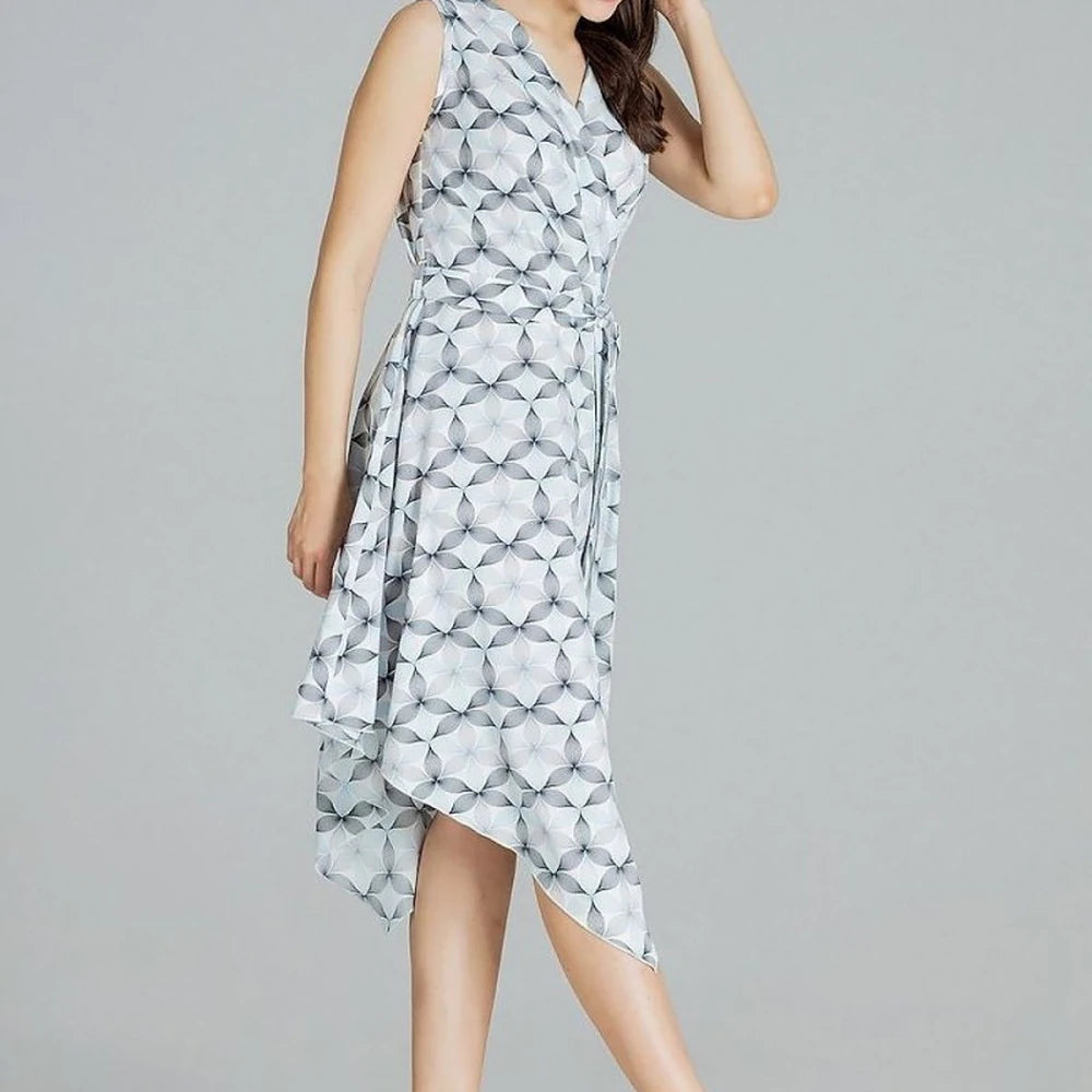 Patterned Midi Dress with Tie Belt