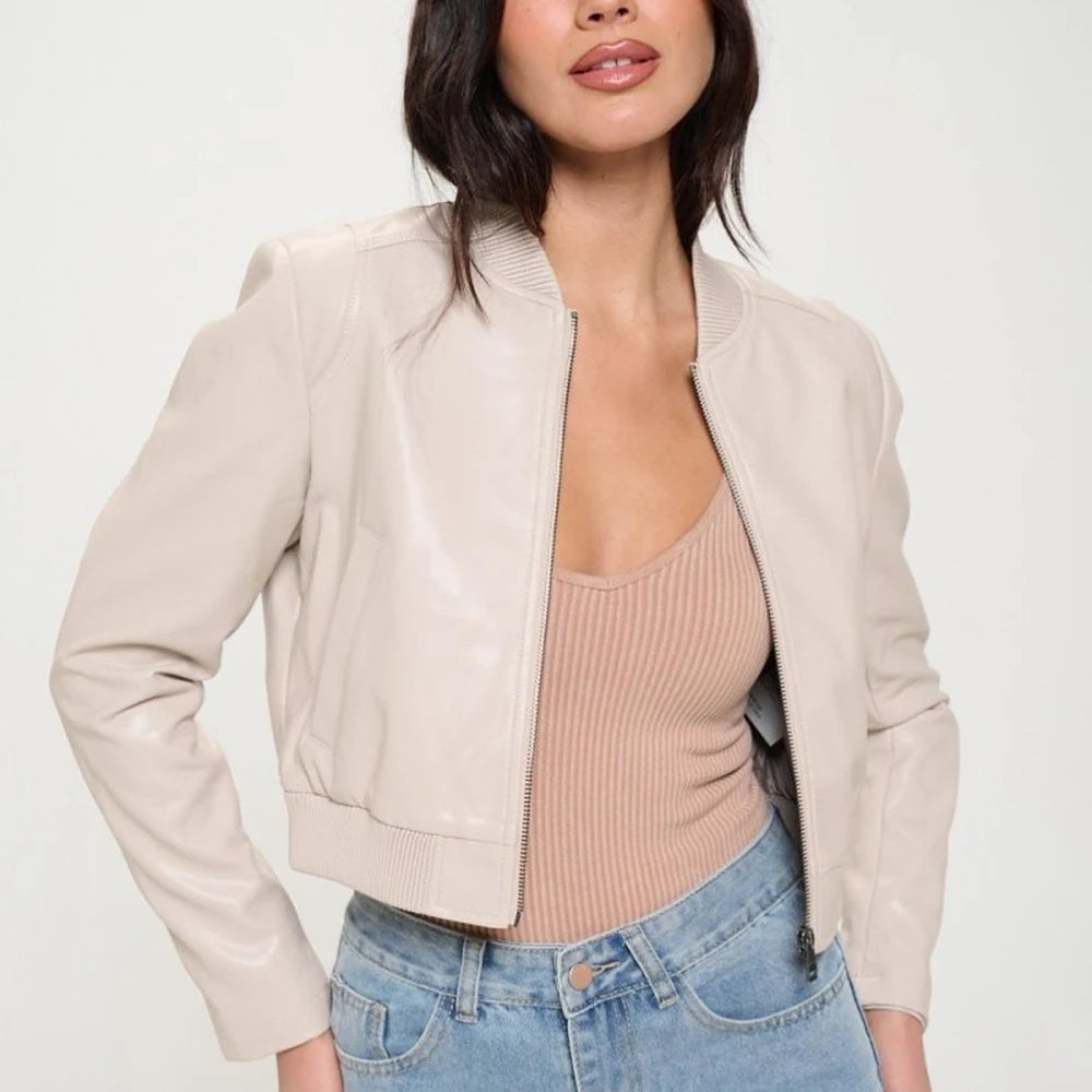 Vegan Leather Cropped Bomber Jacket