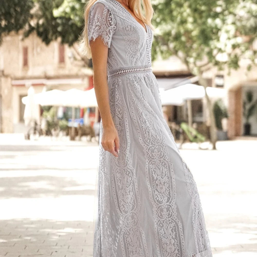 Scalloped Lace V-Neck Maxi Dress