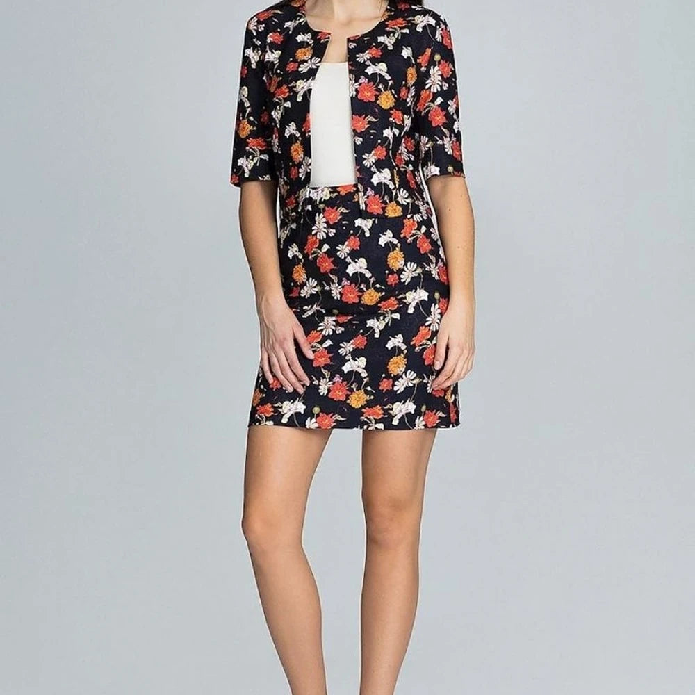Floral Print Skirt and 3/4 Sleeve Jacket Set