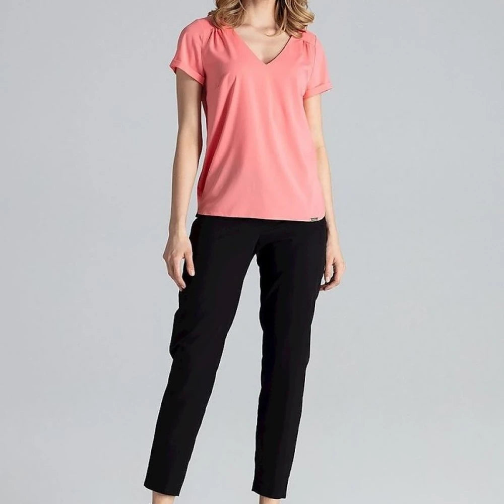 Heart Neck Blouse with Cuffed Short Sleeves