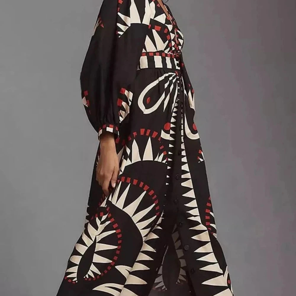 Geometric Print Long Sleeve Maxi Dress