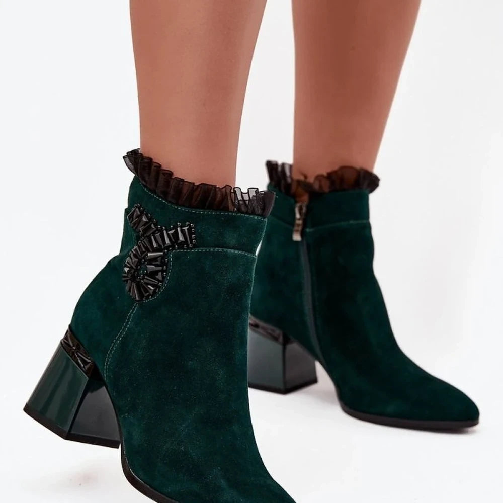 Suede Ankle Boots with Zipper - Green