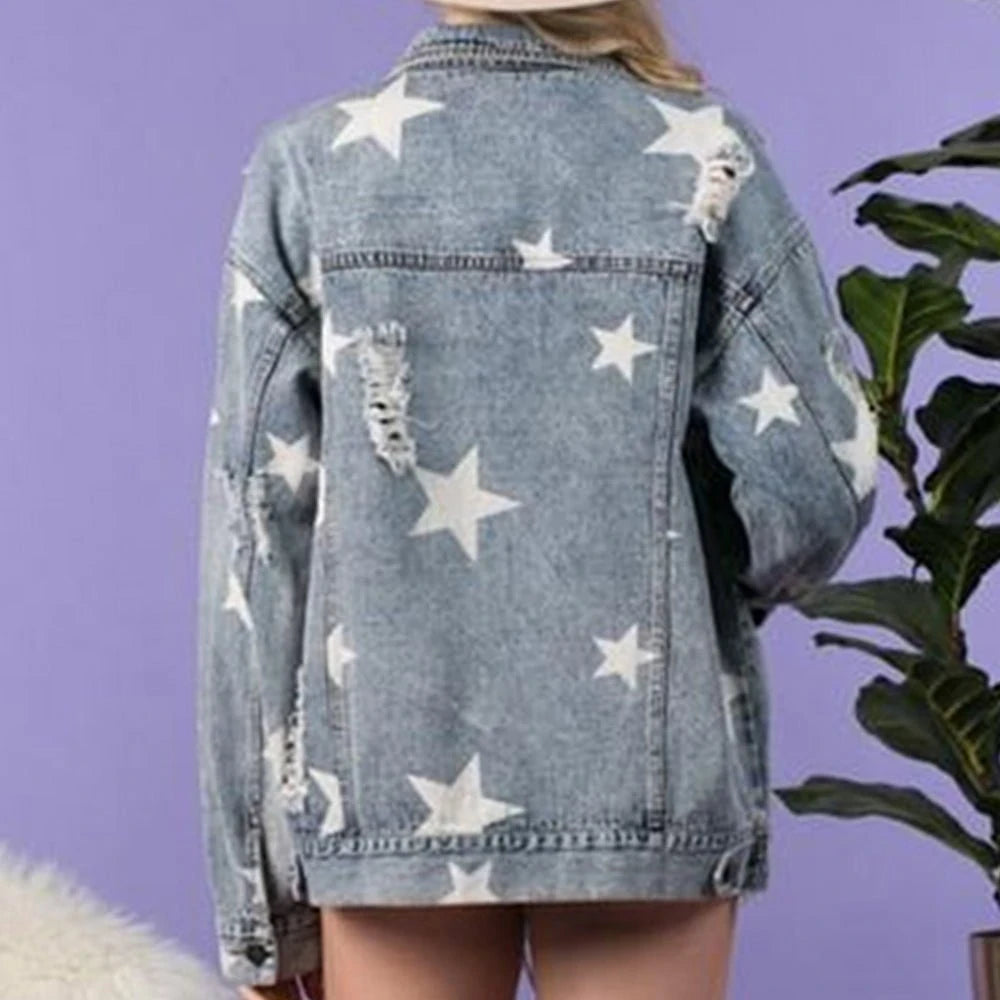 Distressed Denim Shacket with Star Detail