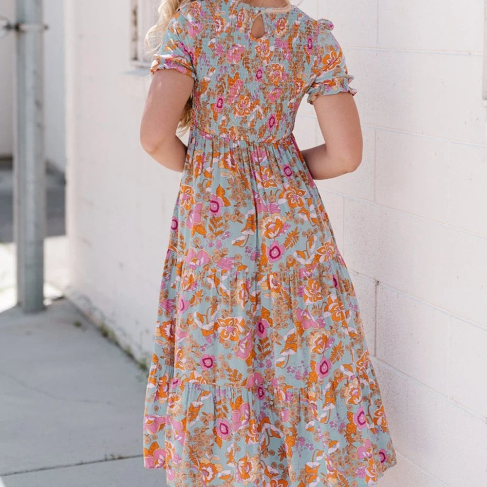 Floral Flounce Sleeve Midi Dress
