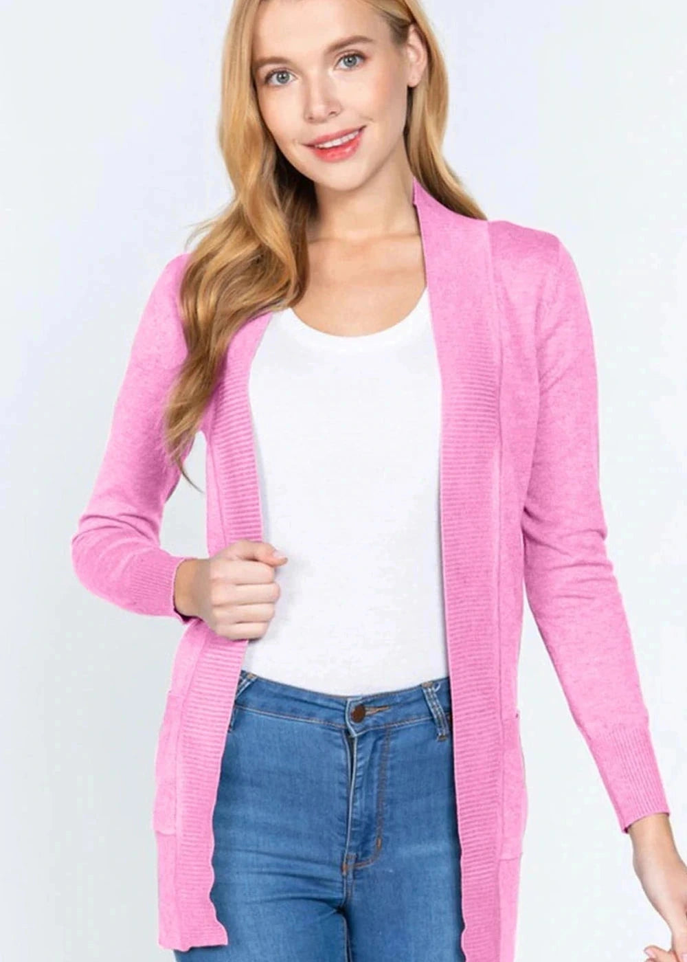Active basic ribbed trim open front cardigan