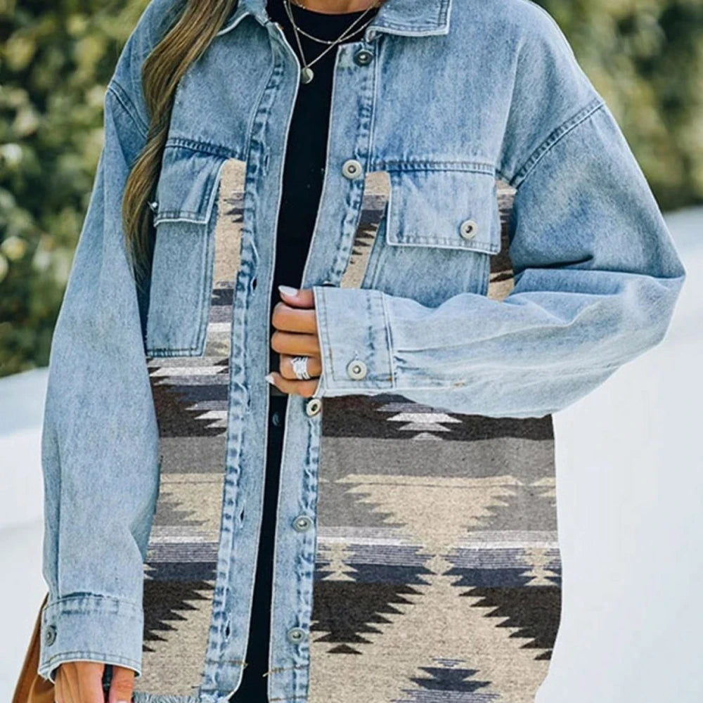 Collared Neck Denim Jacket with Raw Hem