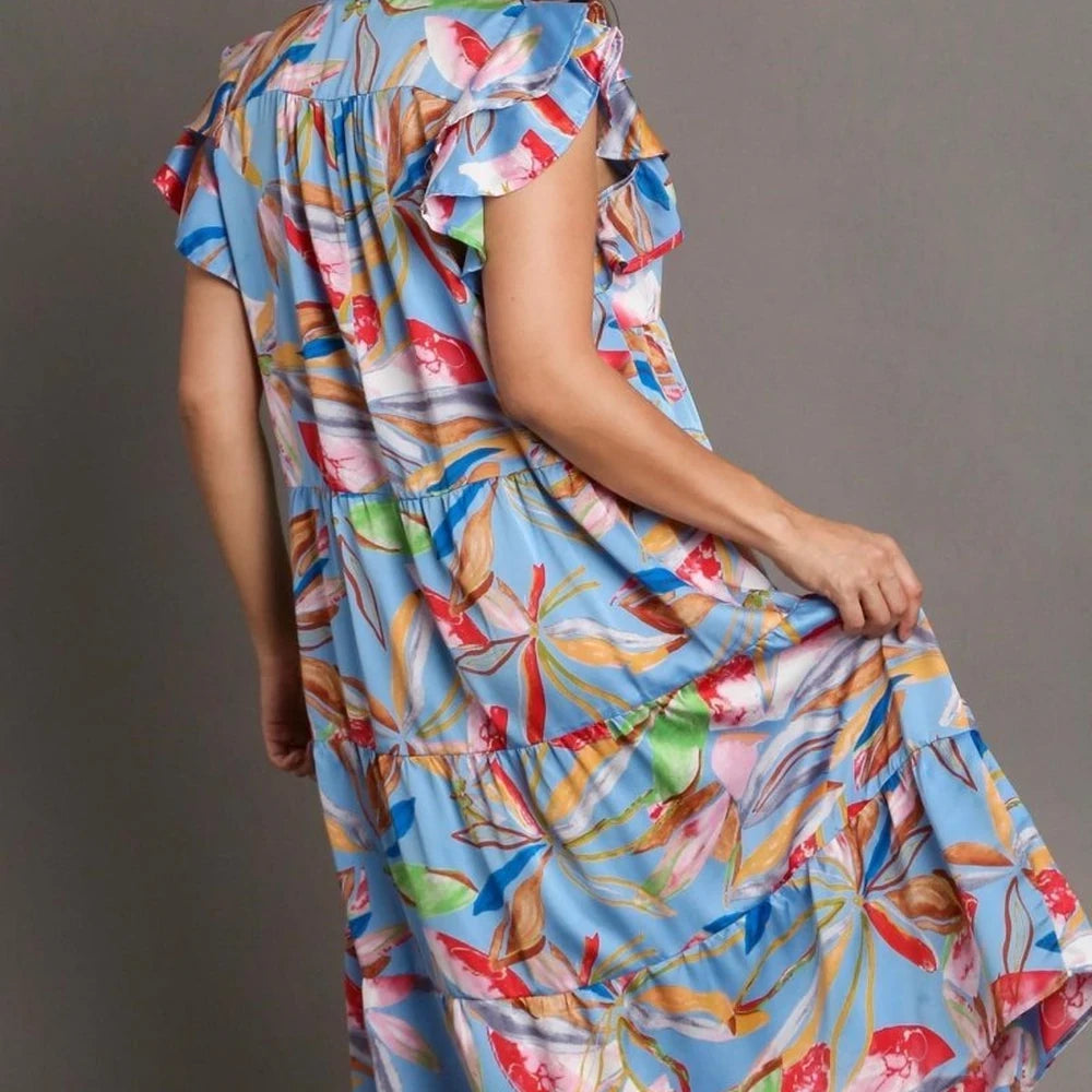 Leaf Print Tiered Midi Dress with Ruffle Sleeves