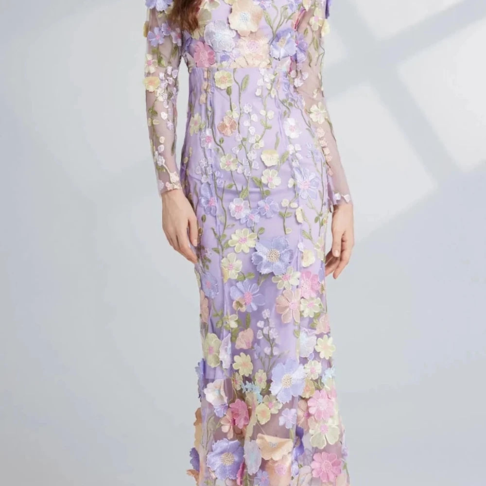 Floral Embroidered Mesh Midi Dress