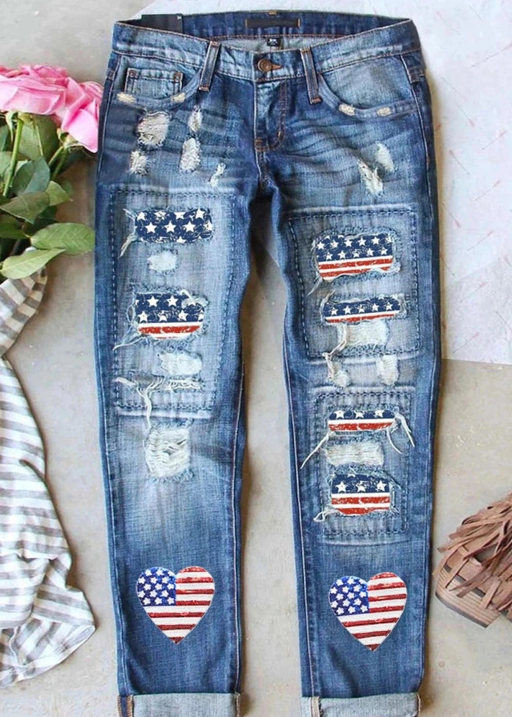 Distressed us flag cotton jeans
