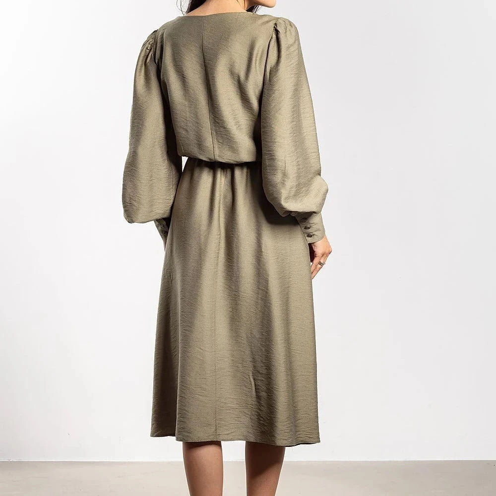 Midi Dress with Elastic Waist and Long Sleeves