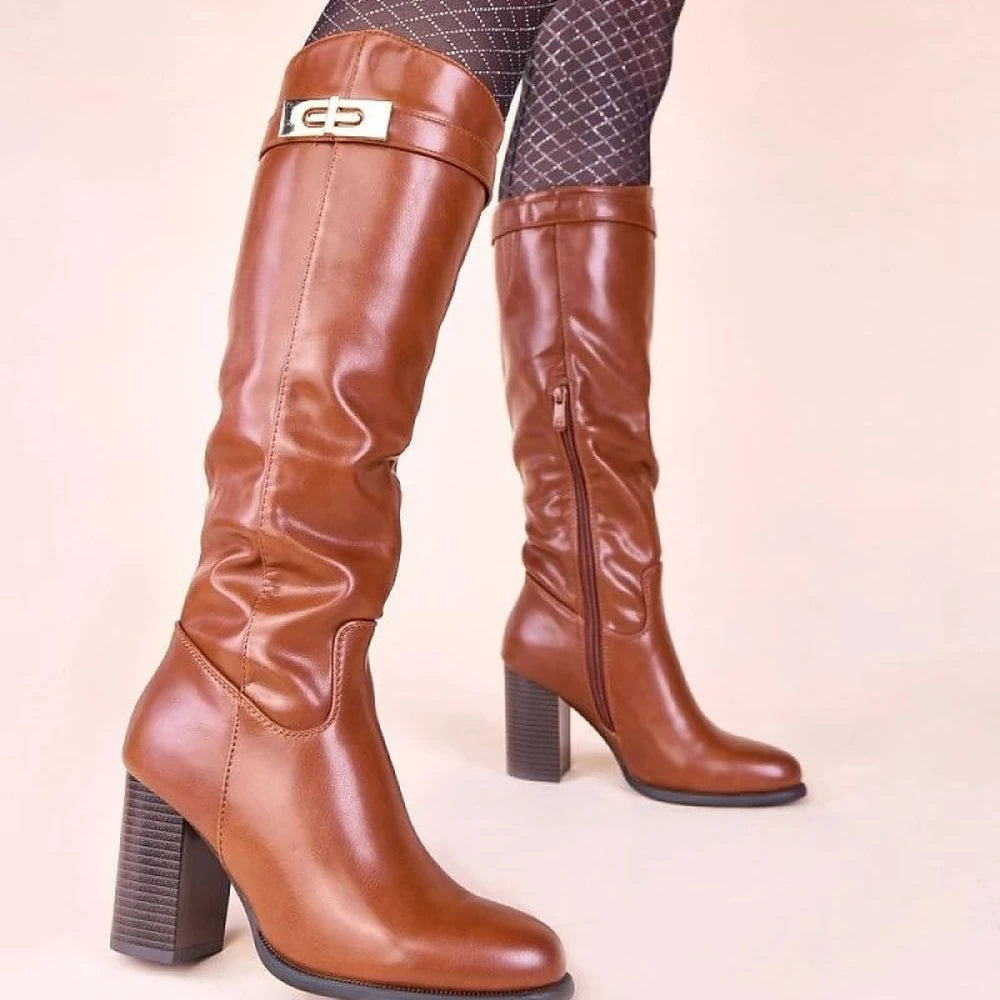 Brown Heeled Boots with Gold Ornament