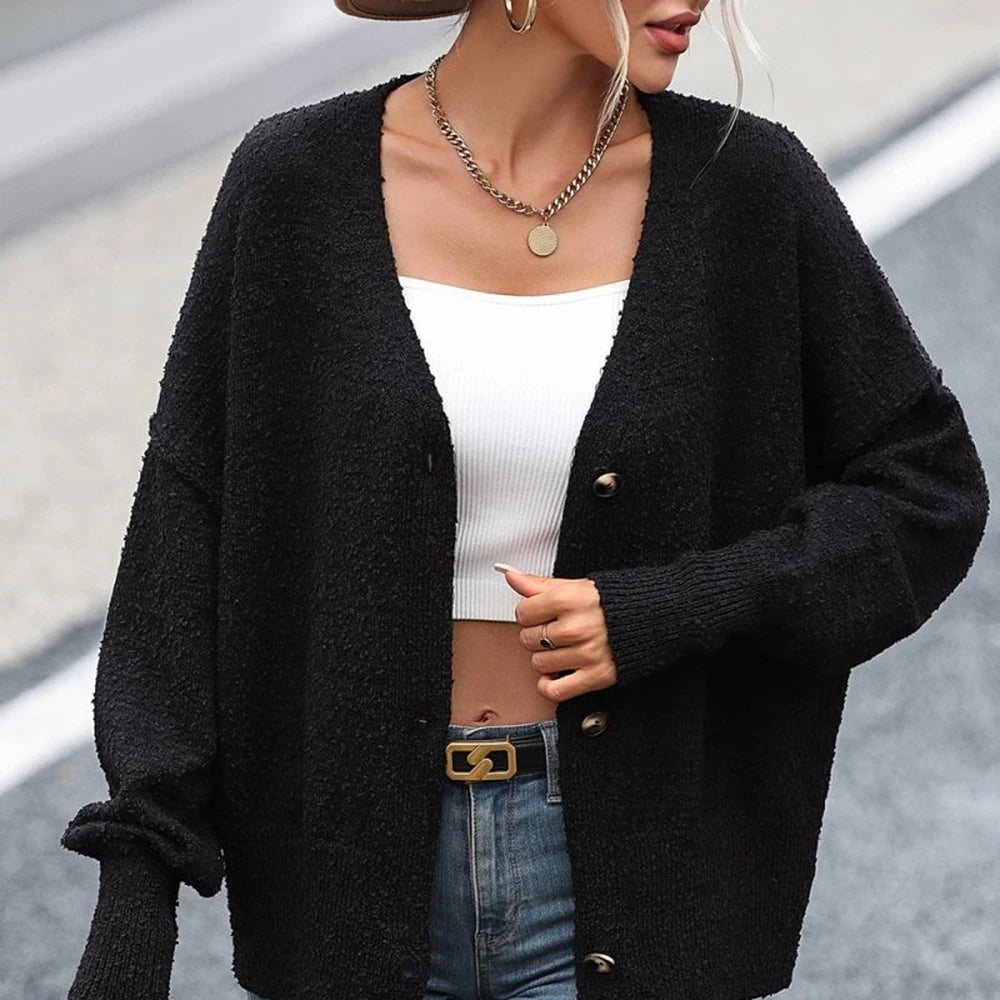 Button-Up V-Neck Cardigan with Dropped Shoulders
