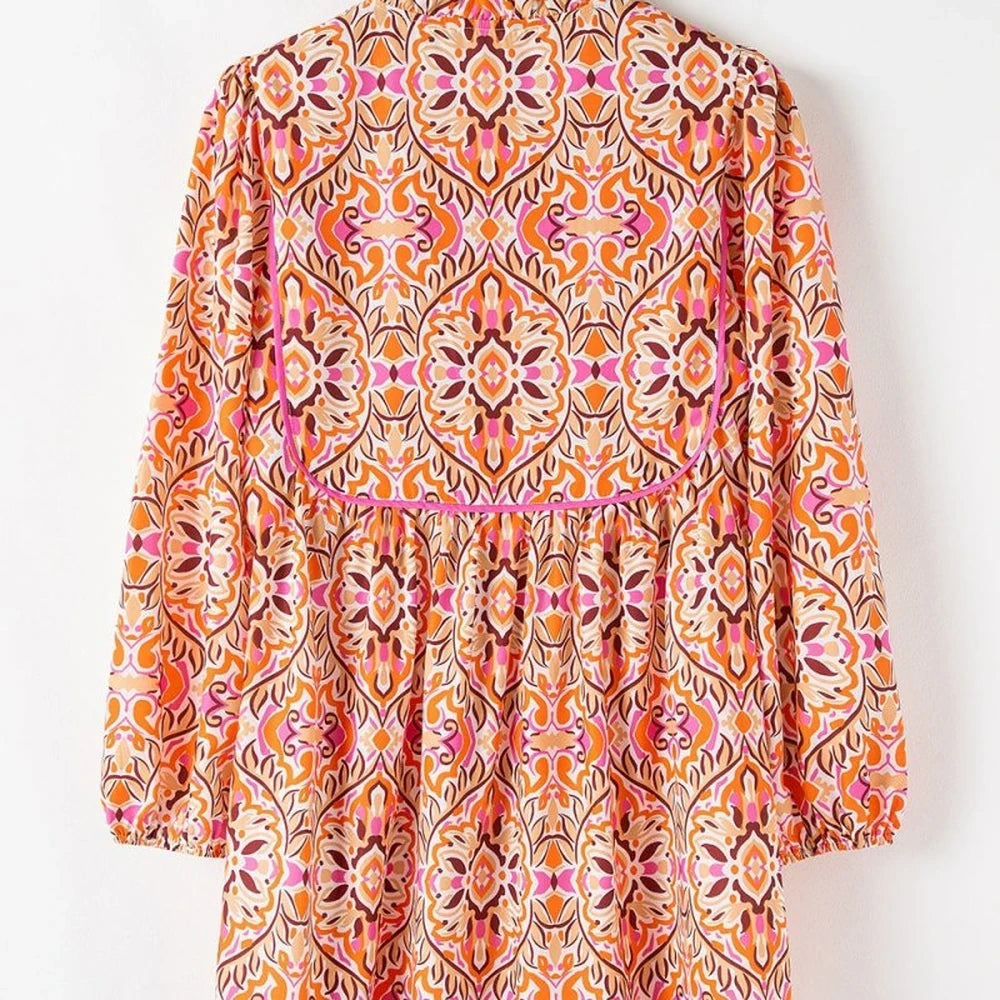 Floral Ruffle Sleeve Mini Dress with Tie Neck