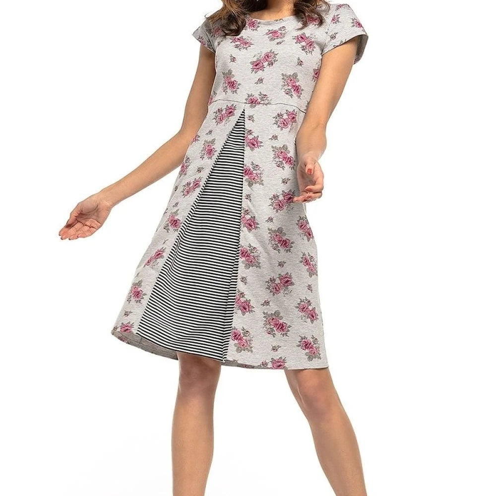 Floral Cotton Day Dress with Striped Detail