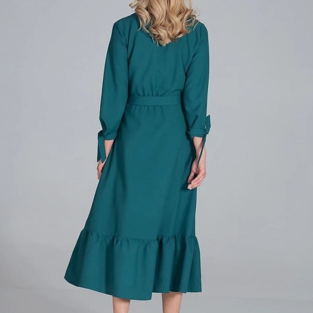Maxi Dress Ruffle Hem V-Neck Buttoned